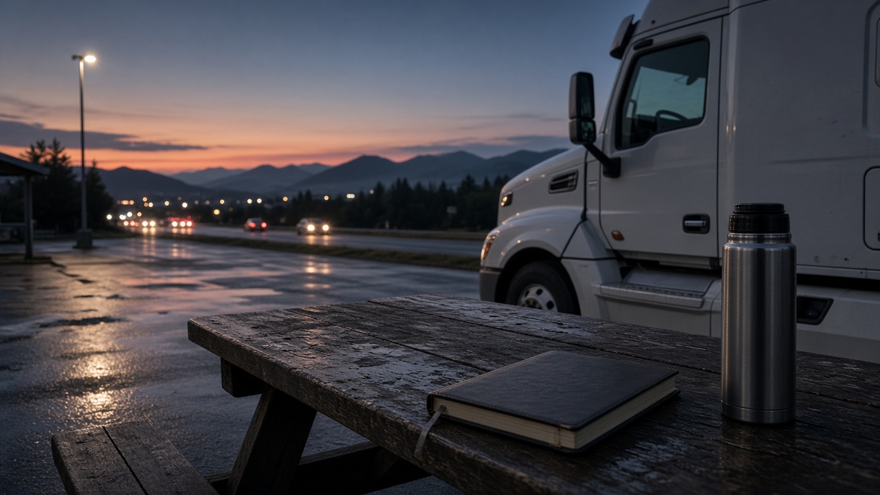 Cabine de camionneur au Québec, en fin de journée.