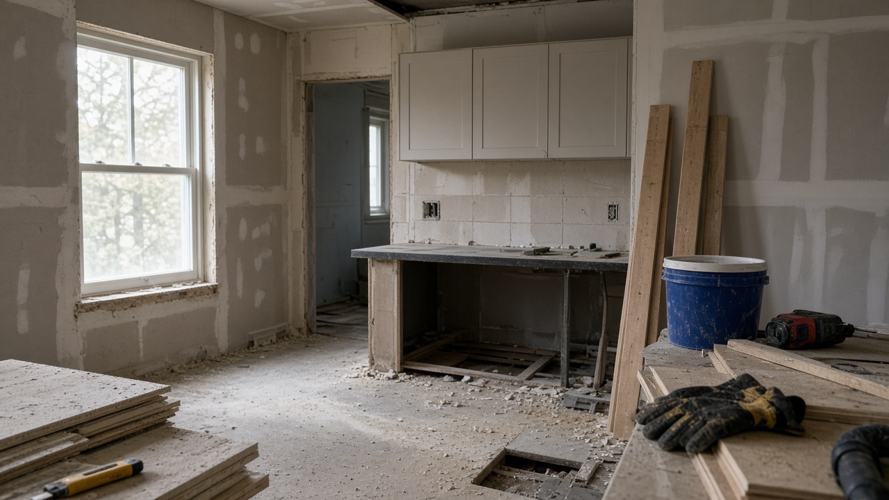 Chantier de rénovation au Québec: outils et gypse.