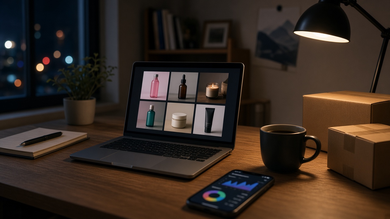 Bureau dropshipping au Québec: ads, boîtes, laptop.